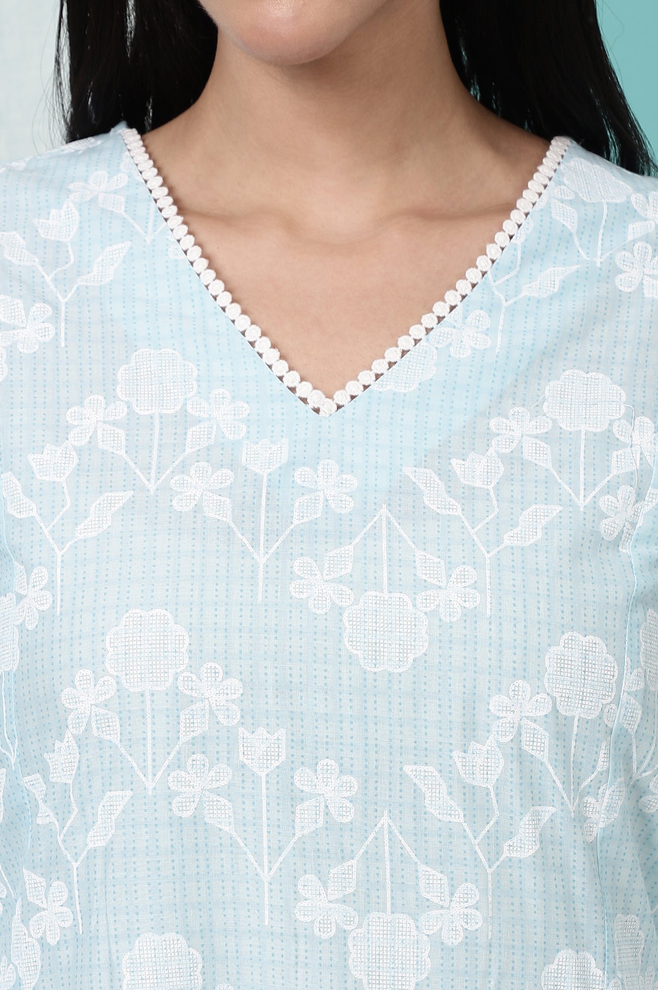 Sky Blue Floral Printed Pure Cotton Straight Kurta and Pants Co-ord Set - Image 6