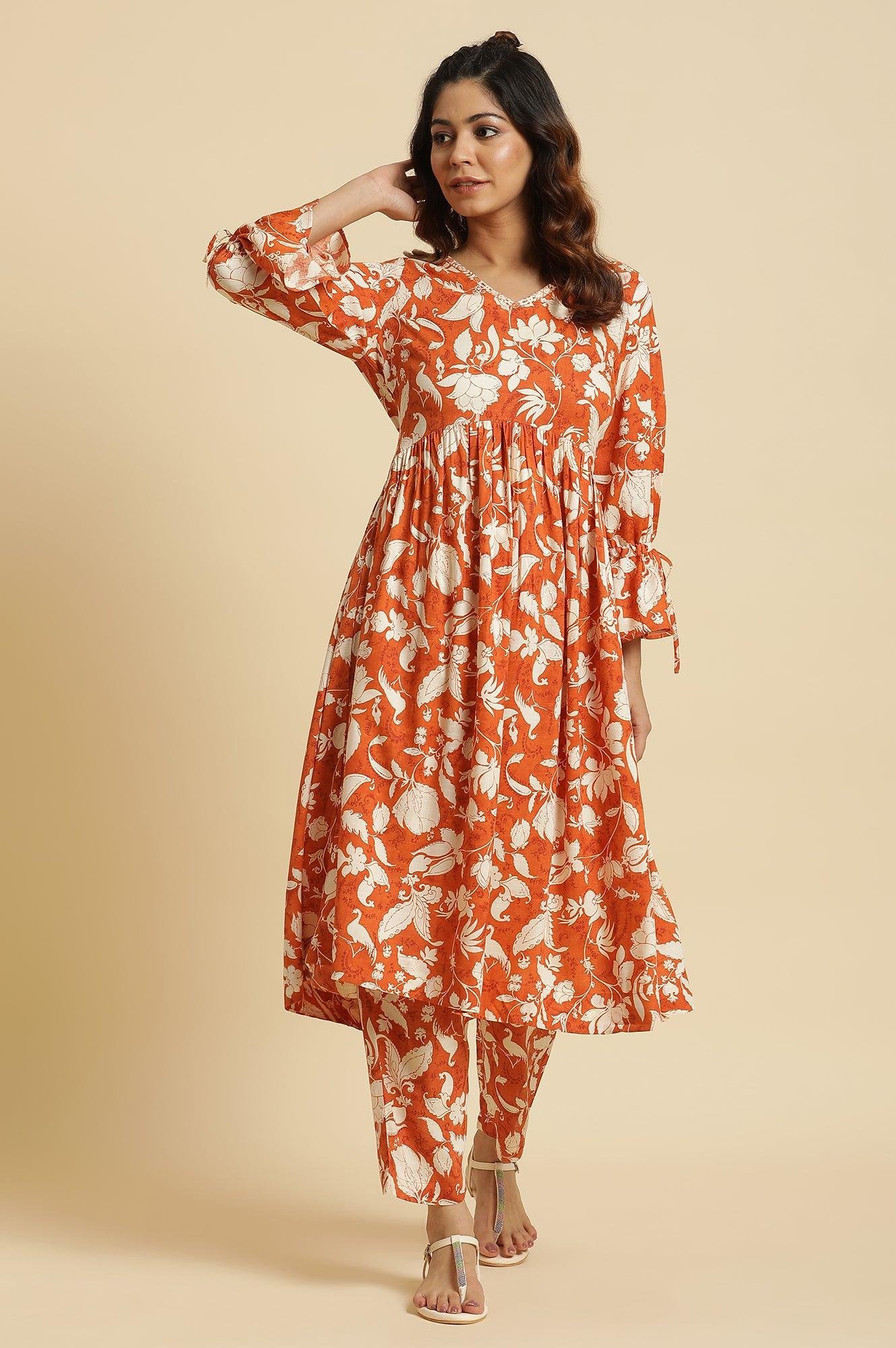 Dark Orange Floral Printed Kurta & Pants Co-Ord Set - Image 9