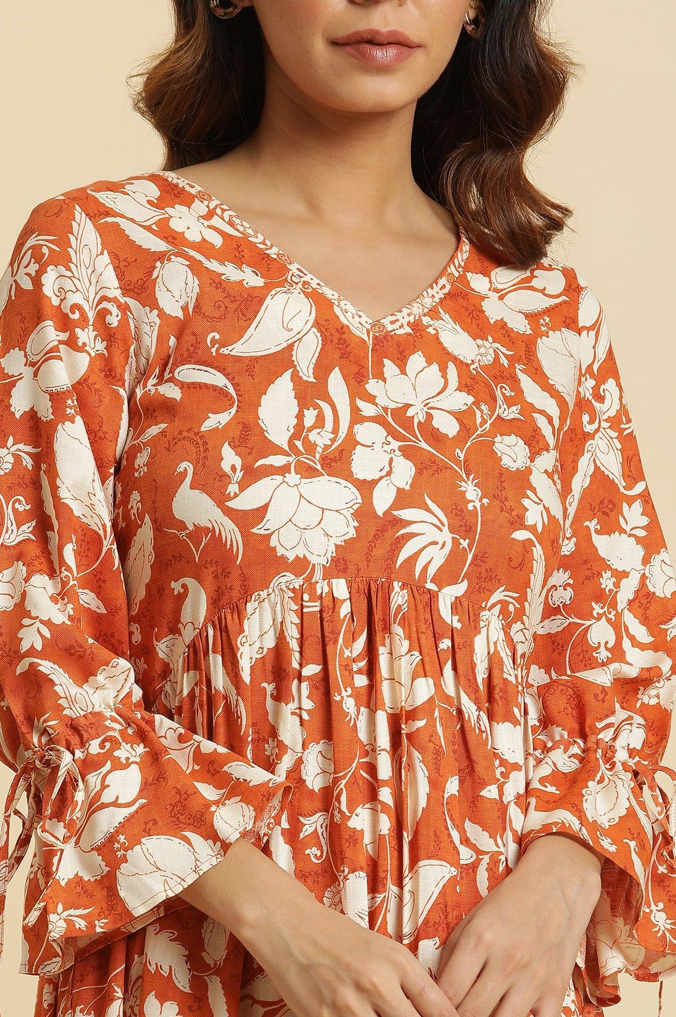 Dark Orange Floral Printed Kurta & Pants Co-Ord Set - Image 3
