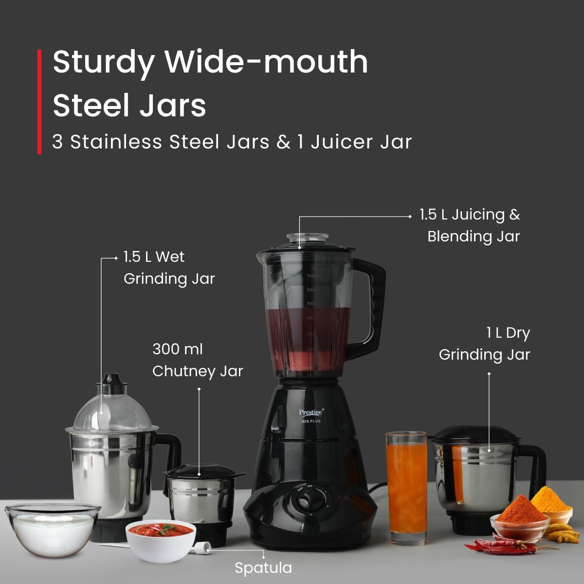 Prestige 750 Watts Iris Plus Mixer Grinder With 4 Jars (3 Stainless Steel Jars+ 1 Juicer Jar)| 4 Super Efficient Stainless Blades| - View 5