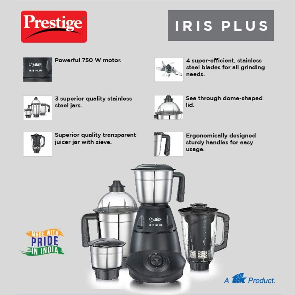 Prestige 750 Watts Iris Plus Mixer Grinder With 4 Jars (3 Stainless Steel Jars+ 1 Juicer Jar)| 4 Super Efficient Stainless Blades| - View 6